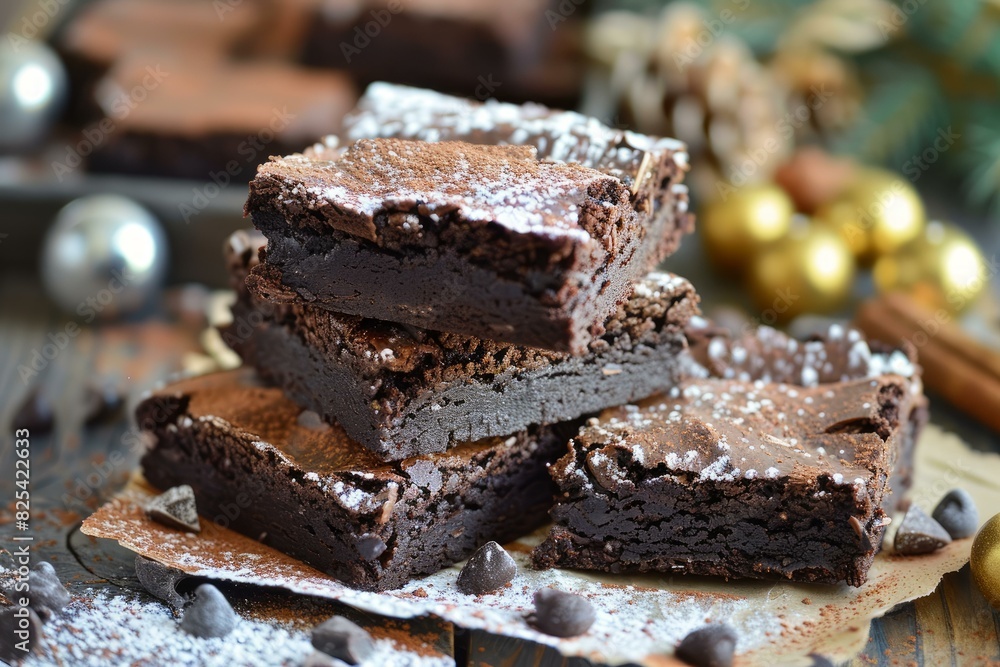 Sticker Freshly baked chocolate brownies stacked on a wooden table, dusted with icing sugar