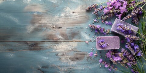 Lavender soap bars surrounded by fresh lavender flowers on a rustic blue wooden surface, creating a...