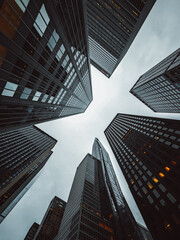 a view looking up into a group of tall buildings in the middle of the city