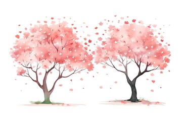 Obraz premium illustration watercolor spring pink cherry blossom tree collection set, grungy texture aquarelle on white background