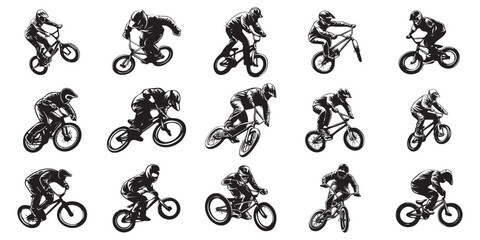 BMX cyclist Performing Stunt silhouettes isolated on white background