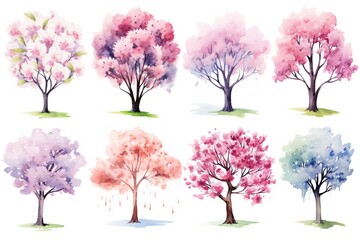 Obraz premium illustration watercolor spring pink cherry blossom tree collection set, grungy texture aquarelle on white background