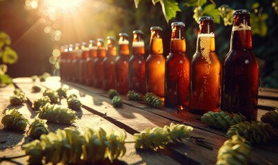 Craft beer bottles. Warmly lit by sunlight, with fresh hops in the foreground