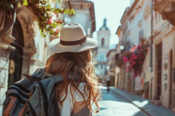 Obraz premium Travel and Skincare: Woman Exploring European City with Day Pack Containing SPF Lotion and Lip Balm