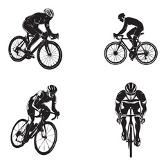collection of silhouettes of Cyclist cycling in different positions, vector illustration isolated on white