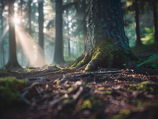 Obraz premium Serene Forest Scene Featuring Detailed Moss-Covered Tree Trunk with Ethereal Sunlight Rays and Misty Shadowed Trees in Background Creating Magical Ambiance and Natural Feel with Ground Undergrowth