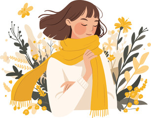Vector of a girl with a yellow scarf in a blooming spring flower field