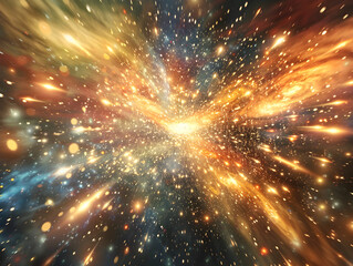 Naklejka premium Vibrant Cosmic Explosion of Colors and Light: Radiant Golden Nucleus Amidst Dynamic Burst with Amber, Orange, Blue, and Purple Hues Evoking Space Phenomena and Cosmic Energy in Stunning Display
