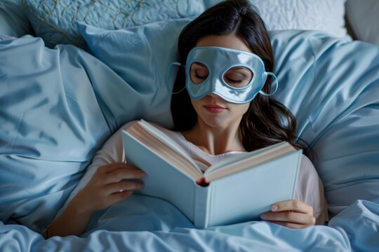 Cozy Bedtime Reading with Silk Sleep Mask - Promoting Skincare and Healthy Sleep Habits