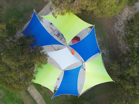Aerial view of vibrant playground with shade sails in Busselton, Western Australia