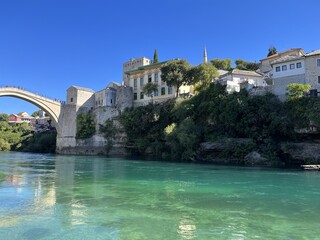Fototapeta premium Scenic View of Stari Most Bridge and Neretva River in Mostar