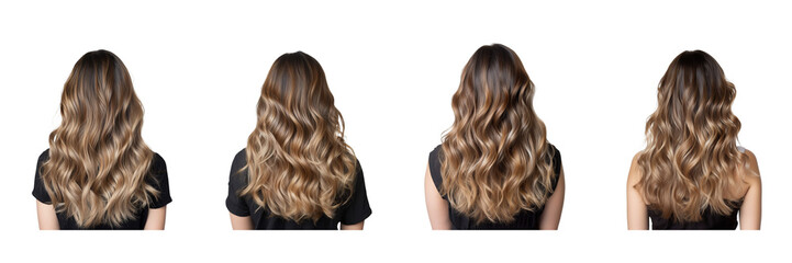 Fototapeta premium set of A a woman back sid with cascading wavy balayage hair, the glossy finish and color gradients captured perfectly in hig on a transparent backgrounds