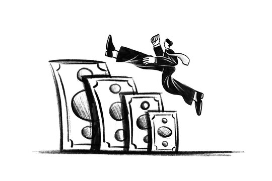 Businessman jumps and runs on money cash stairs, financial success