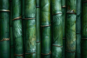 The bamboo trunks are in a row pressed tightly against each other. Full frame shot of bamboos.