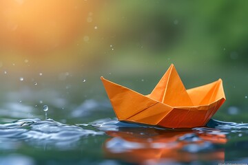 Obraz premium An orange paper boat floats on a puddle of water with raindrops falling around it. The sun shines through the trees in the background.
