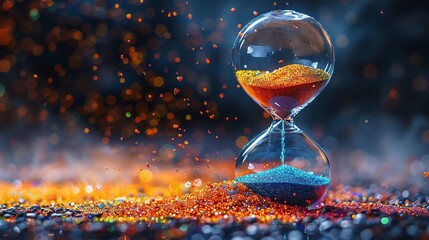 An hourglass with colorful sand against a dark background with sparkling particles.