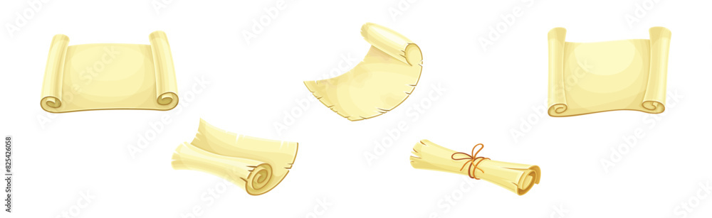 Poster old scroll or roll of papyrus, parchment or paper containing writing vector set