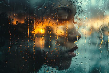 A close-up of a woman's face looking out a rain-streaked window at a cityscape sunset.