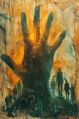 A large hand reaches down from a fiery sky, overshadowing a group of people standing below.