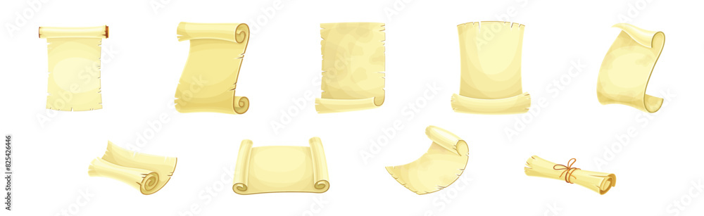 Poster old scroll or roll of papyrus, parchment or paper containing writing vector set