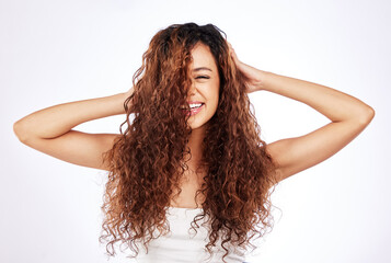 Brazilian girl, calm and natural in studio for hair care, eco friendly and organic or sustainable...
