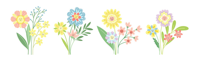Smiling Flowers on Stalk with Petal and Green Leaf Vector Set