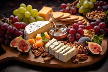 Elegant cheese platter with assorted fruits, nuts, and crackers.	Elegant cheese platter with assorted fruits, nuts, and crackers.