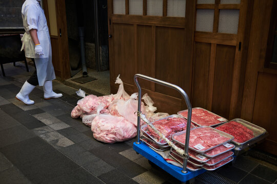 Pile Of Raw Meat At A Market In Kyoto, Japan.