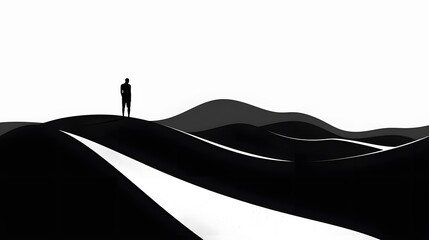 Minimalist black and white image of a solitary figure standing on an abstract landscape with smooth curves, ideal for modern and conceptual designs.
