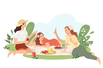 Young women at picnic in the park. Bundle of happy girls eating spend time together on the lawn outdoors. Friends relaxing and support each other on summer vacation. Flat cartoon vector illustration