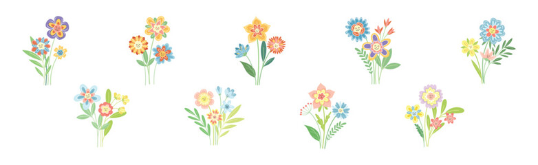 Smiling Flowers on Stalk with Petal and Green Leaf Vector Set