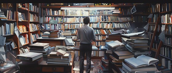 Obraz premium The image shows a large library with a person standing in the middle of it