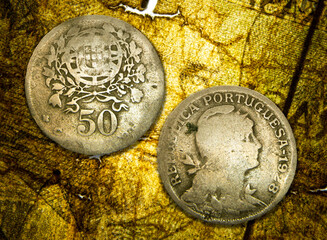 Old Portugal second republic 50 centavo coin, Allegory of Republic and coat of arms