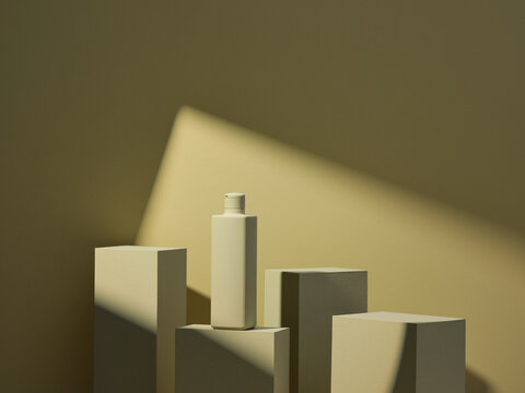 Monochrome color plastic bottle in podium on dark olive with light
