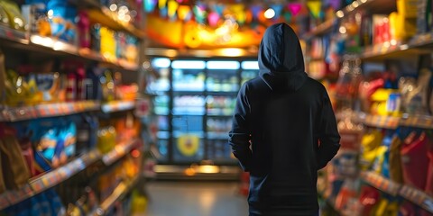 Person in a Hoodie in a Store Depicting Retail Security. Concept Retail Security, Hoodie, Surveillance Cameras, Shoplifting Prevention