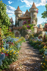 Vertical view of old gothic castle, flower garden and path in summer, rich medieval house and green plants in countryside. Concept of nature, road, history, sky