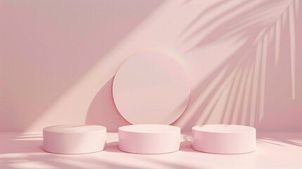 Three Minimalist Pink Toned Round Podiums for Product Presentation on Empty Background. Ideal for E-commerce and Advertising Displays, Showcasing Minimalist Style and Elegance.