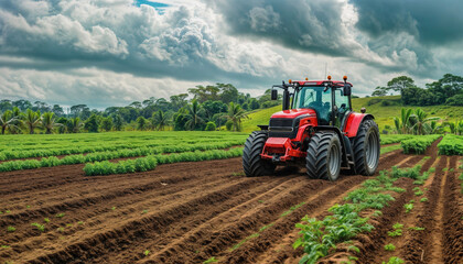 Obraz premium A tractor plows a field. Red tractor on a plantation. Field work. Selective focus. AI generated