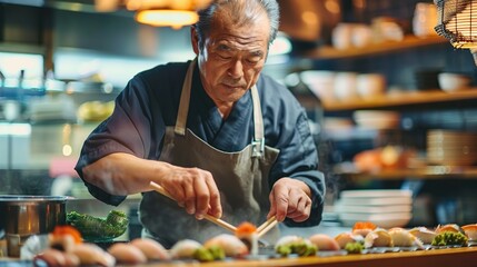 A skilled man is seen meticulously preparing sushi in a restaurant, showcasing his expertise in the art of sushi-making