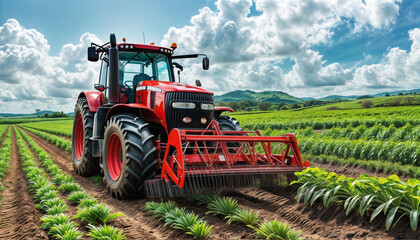 Obraz premium Tractor plows a field. Agricultural work. Red tractor on a plantation. Selective focus. AI generated