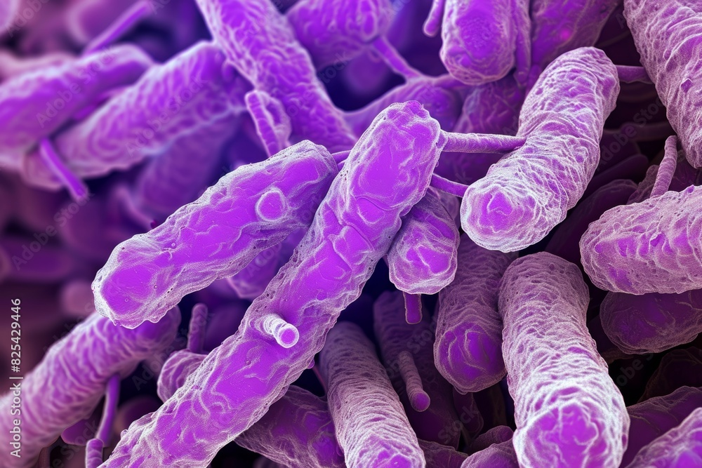 Poster macro close-up of antibiotic-resistant bacteria highlighting robust structures and survival mechanis