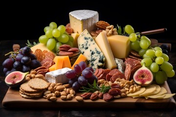 Elegant cheese platter with assorted fruits, nuts, and crackers.	Elegant cheese platter with assorted fruits, nuts, and crackers.