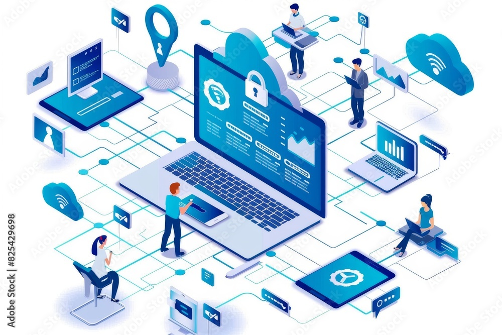 Poster high tech cloud infrastructure ensuring robust data protection, privacy, and advanced cybersecurity 