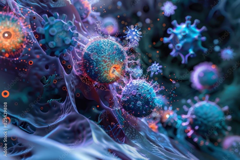 Poster highly detailed image of viruses attaching to a host cell - microscopic view for science education, 