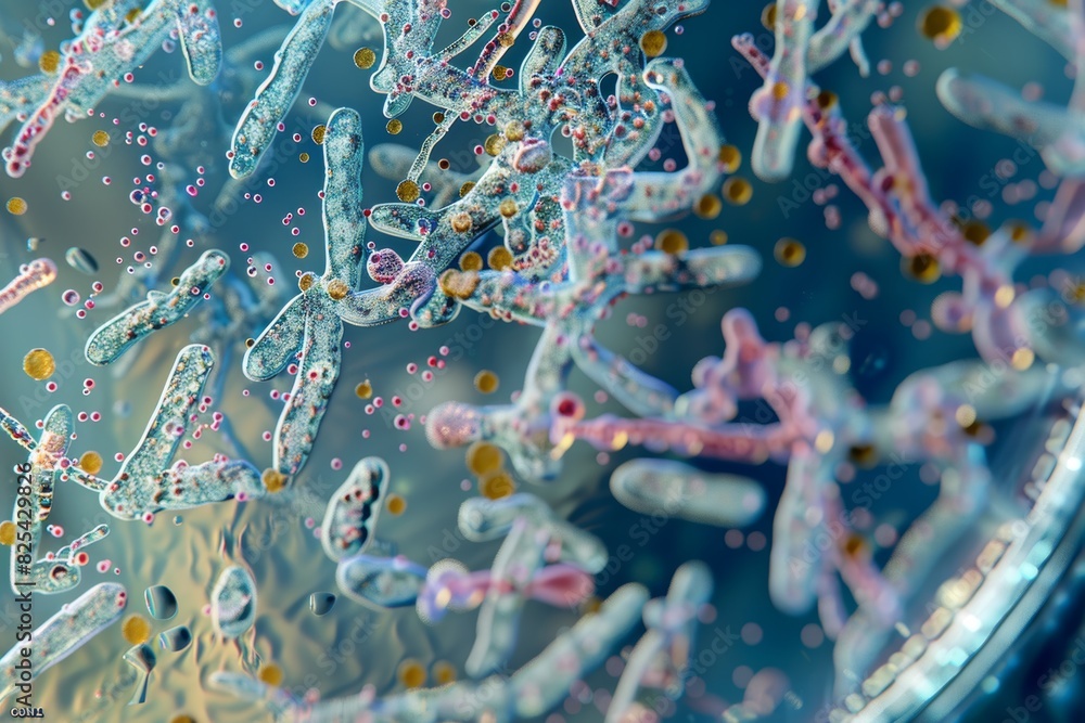 Poster high resolution micrograph of bacterial colony growth on nutrient agar showing intricate patterns an