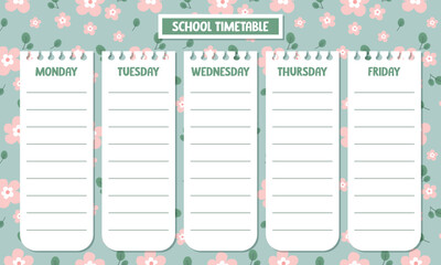 Cute kawaii printable school timetable with pastel floral background
