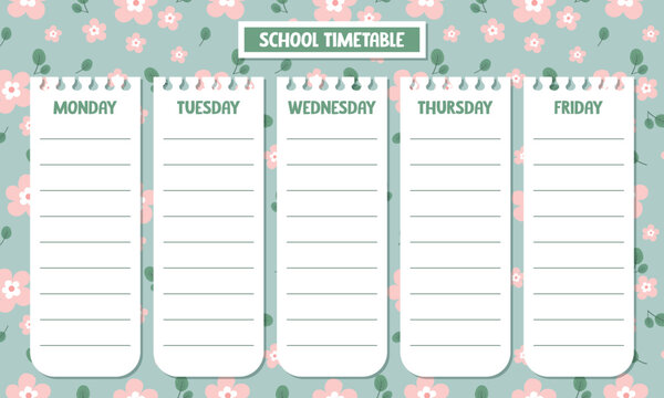 Cute kawaii printable school timetable with pastel floral background