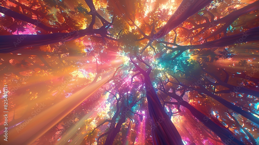 Poster abstract vibrant forest with colorful lights beaming through trees, creating a magical, ethereal atm