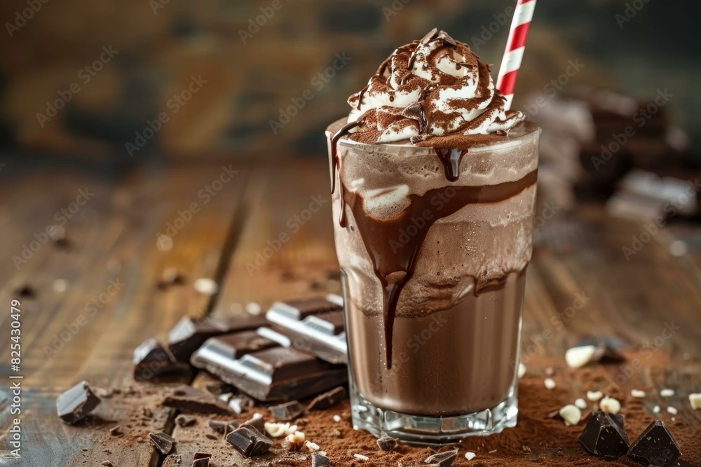 Canvas Prints Indulge in a decadent chocolate milkshake delight with whipped cream. Syrup drizzle. And chocolate pieces on a rustic wooden table. A tempting and delicious sweet beverage treat for a highcalorie