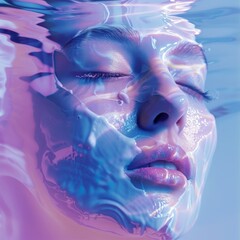 Innovative Skincare in Different Environments - Close-Up of Woman's Face with Underwater Effects - Perfect for Beauty, Health, & Wellness Designs